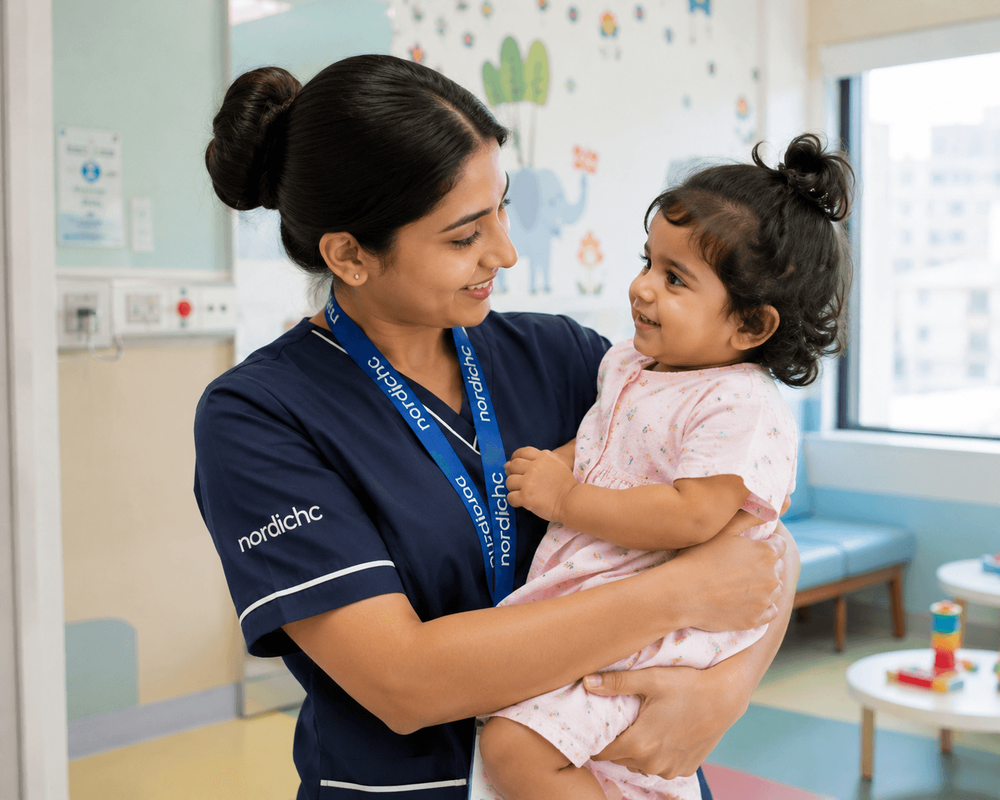 A Nordic nurse caring for a child at home in Dubai